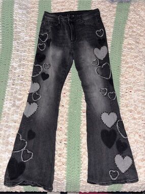 Oh Black Heart Patch Flare Jeans - Women's